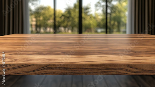 Polished wooden kitchen countertop with natural grain  modern interior  sunlight  calm mood