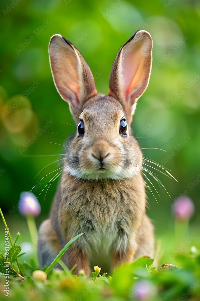 Fototapeta premium Close up portrait of a cute rabbit sitting in the grass in spring