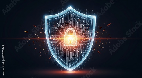 Digital shield with padlock representing cybersecurity and data protection