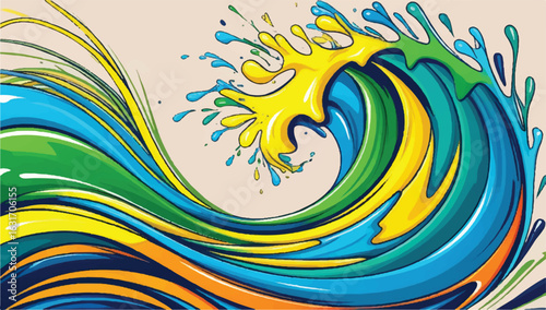 A vibrant and dynamic illustration of a colorful wave. Abstract pop art style with blue, green, and yellow splashes, perfect for a summer or surf theme.

