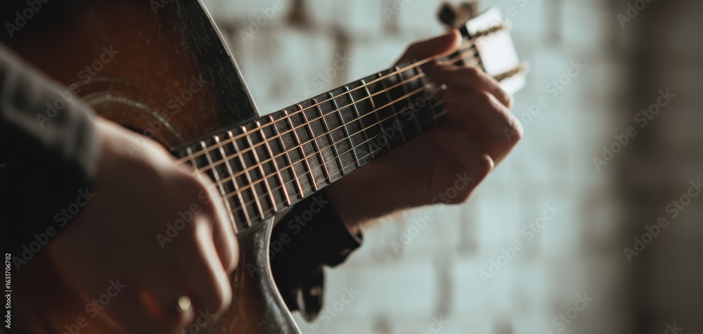 Fototapeta premium The hands strumming an acoustic guitar in a creative musical setting.