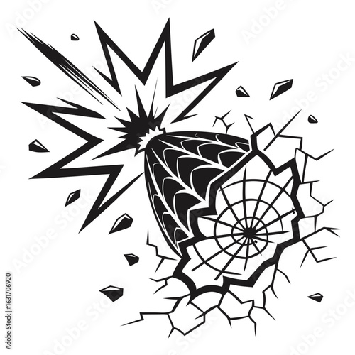 Vector art of black and white comic style explosion effect with shattered fragments