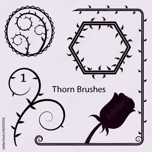 Vector art of black and white thorn and rose design elements and brushes for graphic design