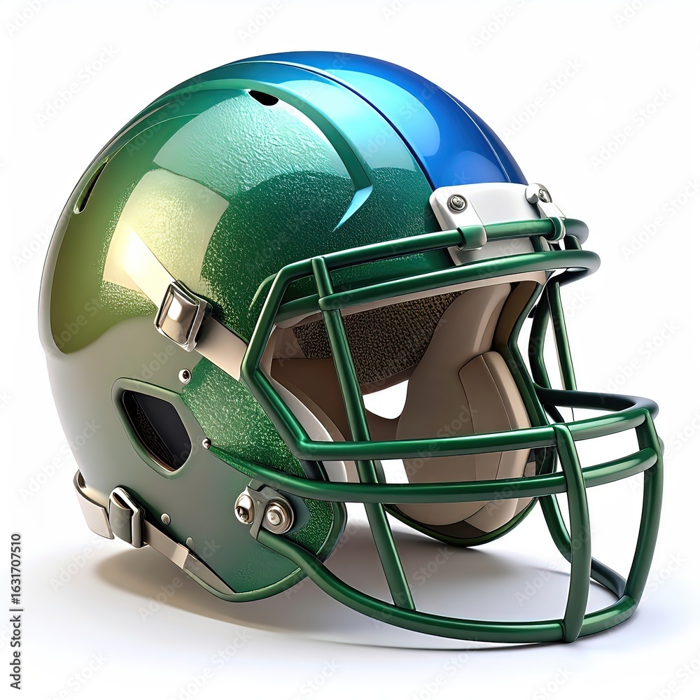 Fototapeta premium Minimalist green & blue football helmet icon on White Background