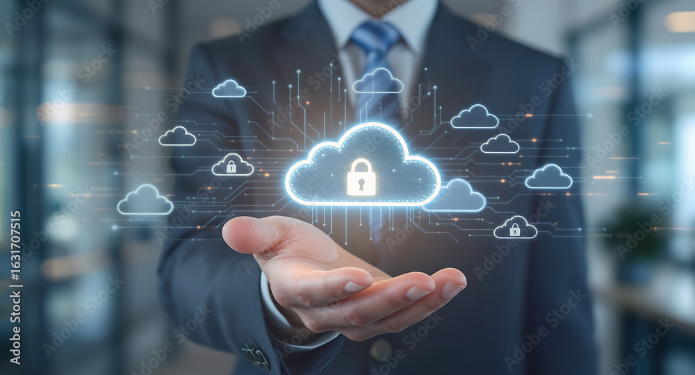 Fototapeta premium Floating Cloud Icons In Businessman Hand Representing Secure Cloud Technology