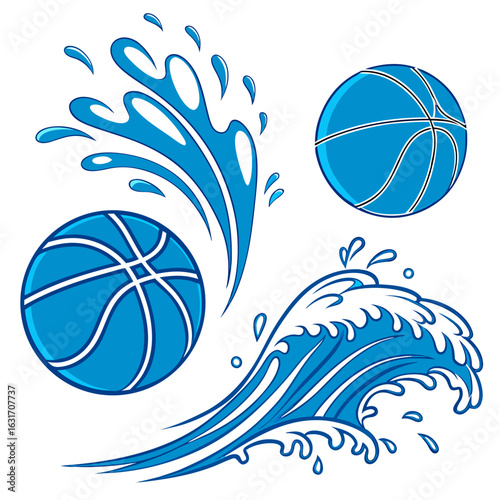 Vector art of basketballs splashing in water with waves and splashes