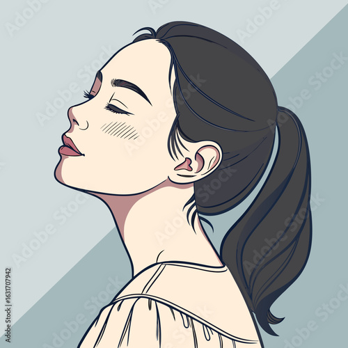 Vector art of woman profile with dark hair in a ponytail, serene expression, shoulders