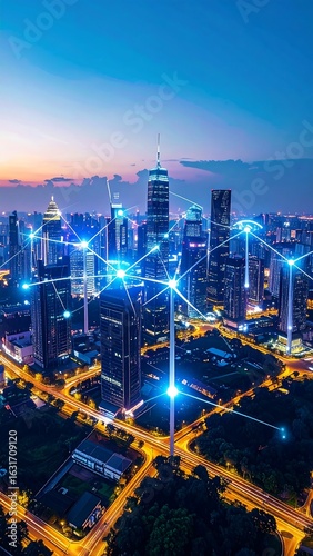 Night city connected by energy