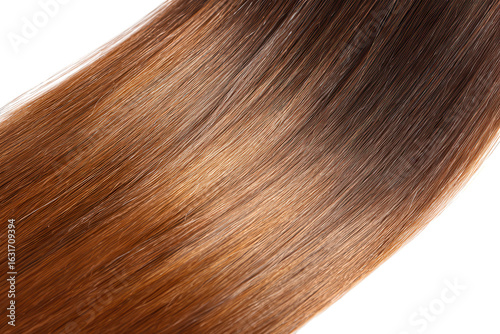 Close up view of long brown and blonde hair with a smooth transition in color and a sleek texture