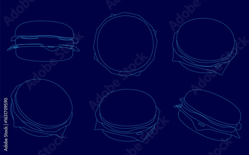 A set of blue line art hamburger outlines in various positions on a dark background, designed as a clean vector illustration. The minimalist style features smooth curves and uniform line thickness,.
