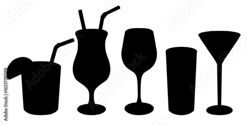 Vector set of black silhouette of cocktails in different glasses. Collection of outline drawn glasses isolated from background for menu and banners.