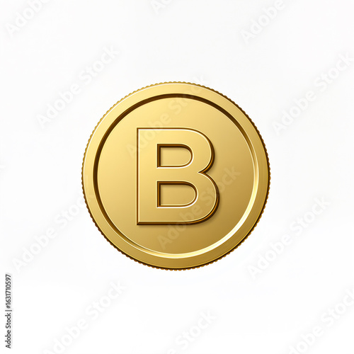 Shiny gold coin with embossed letter B on white background