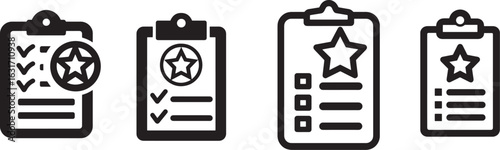 black and white vector icon of a clipboard with a checklist and a star, symbolizing priority tasks .