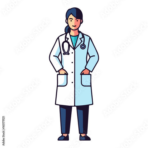A female doctor standing confidently, wearing a white coat and stethoscope. Doctor cartoon. Colored cartoon with line art and white background. AI generated image.	