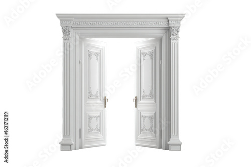 An open white door with intricate molding and trim details against a Transparent Background