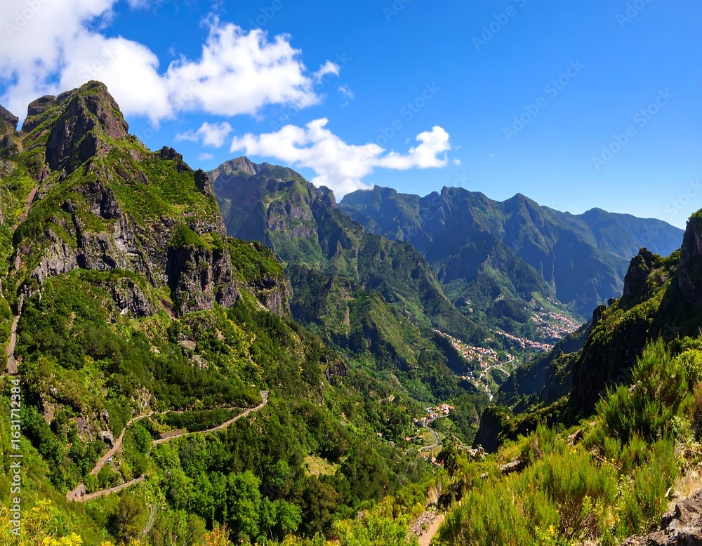 Obraz premium Lush mountain valley, winding paths