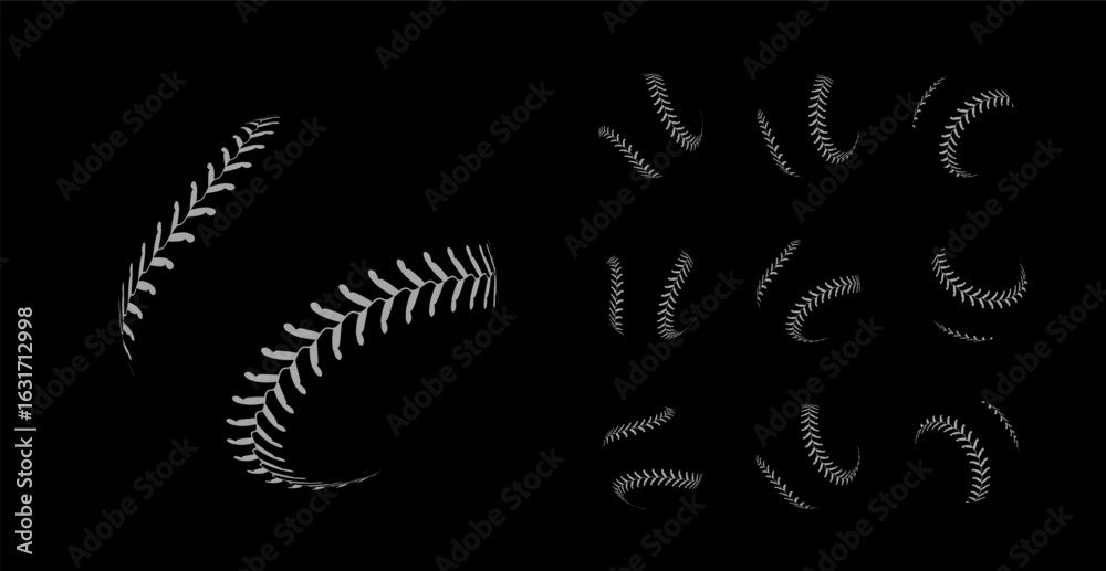 Naklejka premium A set of baseball seam illustrations on a black background, ideal for sports designs. Vector illustration on black