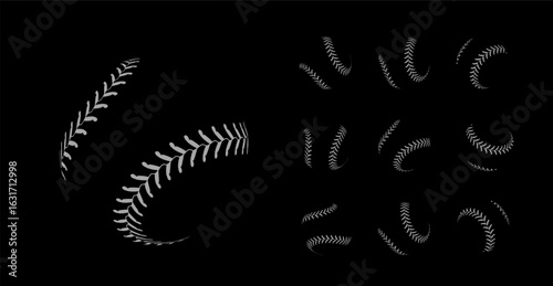 A set of baseball seam illustrations on a black background, ideal for sports designs. Vector illustration on black