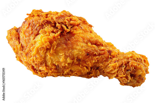 A single crispy fried chicken drumstick on a Transparent Background showing golden brown texture detail