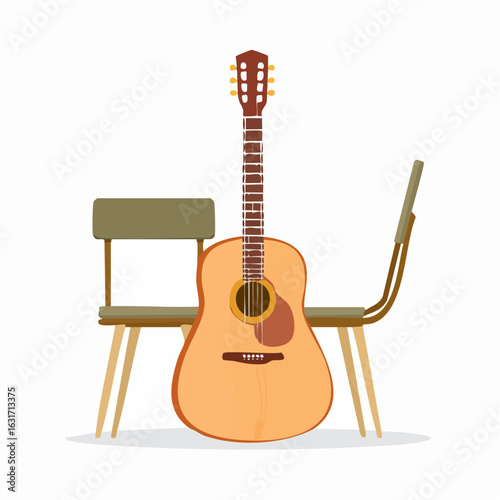 Flat vector illustration of an acoustic guitar leaning on a chair, detailed wood texture and strings, isolated on a clean white background