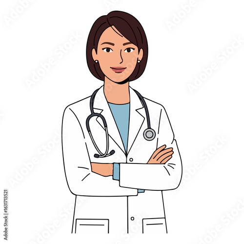 A female doctor standing confidently, wearing a white coat and stethoscope. Doctor cartoon. Colored cartoon with line art and white background. AI generated image.	