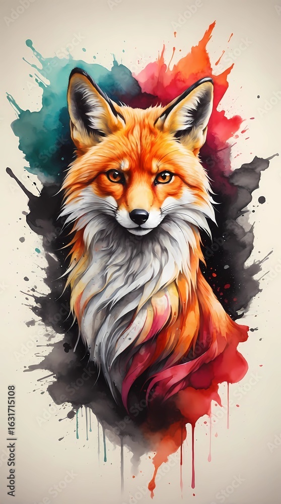Obraz premium A watercolor painting of a fox, with vibrant orange and white colors, and colorful paint splashes in the background.