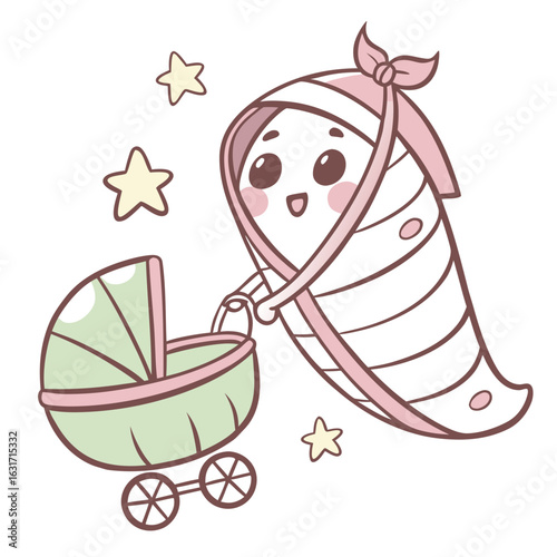 Cute baby in swaddle with pram and stars isolated on white background