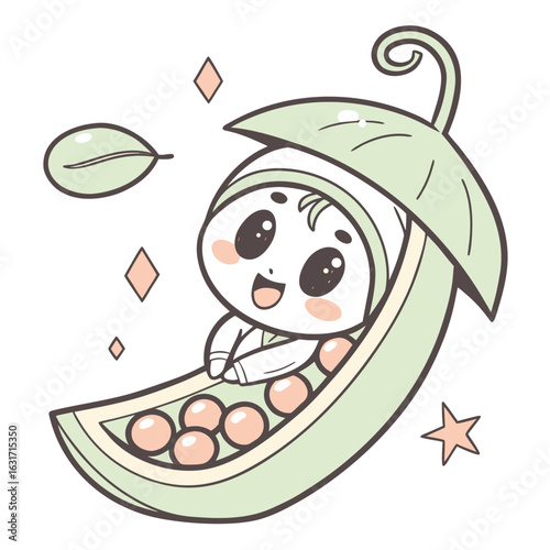 Cute baby sitting in a pea pod illustration isolated on white background