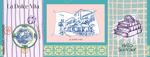 Gastronomic tour,Summer atmosphere.La Dolce Vita is an abstract composition in a modern style on the theme of travel,culinary mood with text. Bright vector digital illustration for branding, printing