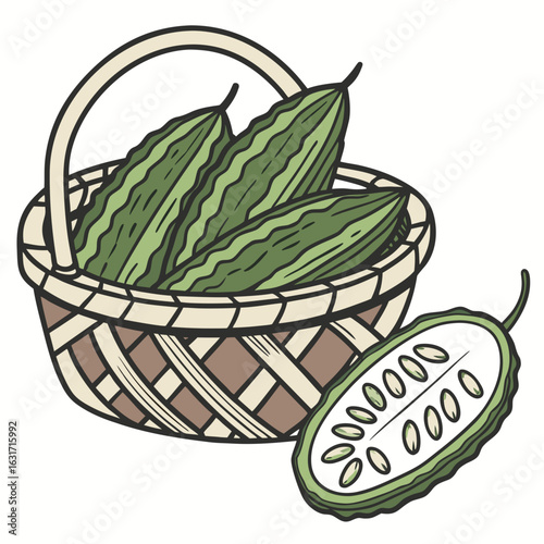 Illustration of bitter melon in a basket, showcasing its unique texture and shape