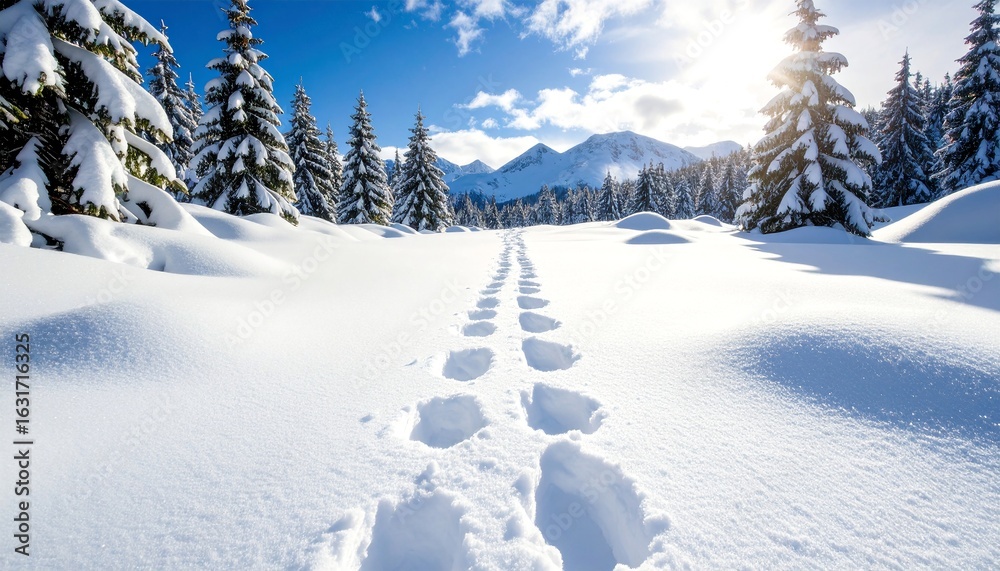 Fototapeta premium Snowy path through a winter forest, footprints in deep snow leading to mountains under a bright blue sky