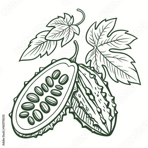 Illustration of bitter melon with leaves, showcasing its unique texture and shape