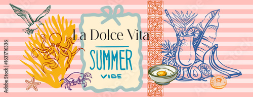 Gastronomic tour,Summer atmosphere.La Dolce Vita is an abstract composition in a modern style on the theme of travel,culinary mood with text. Bright vector digital illustration for branding, printing
