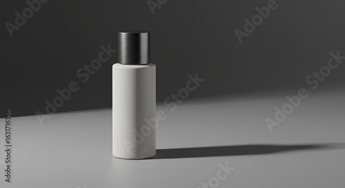 White Cylindrical Container with Metal Cap on Gray Background