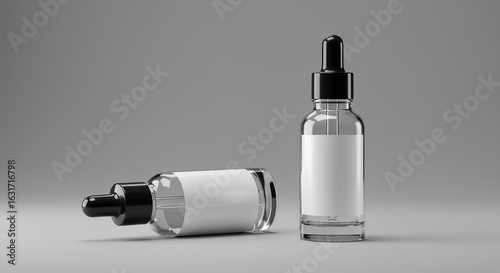 Clear Glass Dropper Bottles With Blank White Labels On Gray Background