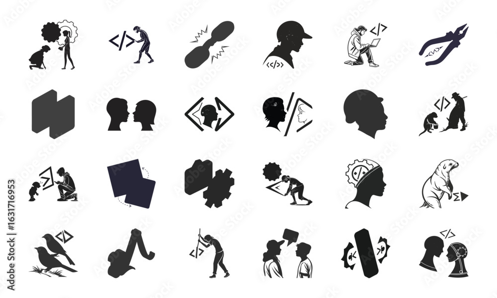 Obraz premium AI Technology and Innovation Icon Set – Artificial Intelligence, Neural Network, Automation, Machine Learning, Cybersecurity, and Communication Vector Bundle