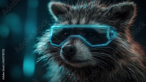 A raccoon wearing futuristic VR glasses with neon blue highlights stands in a dark cyberpunk environment rendered with cinematic lighting and ultra-detailed fur textures.