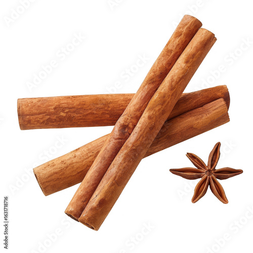 Aromatic Cinnamon Sticks and Star Anise Arrangement on Transparent Background