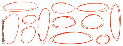 Hand drawn red crayon ovals and circles. Ellipses pencil doodle style set. Red round rough thin frames. Round freehand shapes, emphasis highlights. Vector ink illustration. Rough crayon circles