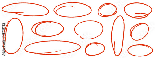 Hand drawn red crayon ovals and circles. Ellipses pencil doodle style set. Red round rough thin frames. Round freehand shapes, emphasis highlights. Vector ink illustration. Rough crayon circles.
