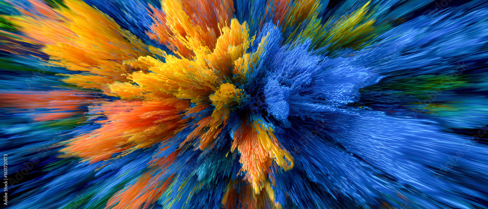 Obraz premium Vibrant explosion of color, with dynamic streaks of yellow, orange, and blue converging in a central burst, radiates energy.