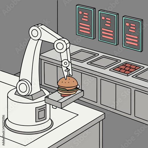 Futuristic robot chef meticulously preparing a delicious burger in a modern fast food restaurant setting showcasing advanced culinary technology and automation for quick service