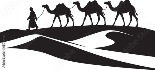 A silhouette of a camel caravan in desert, Middle Eastern culture, clean vector
