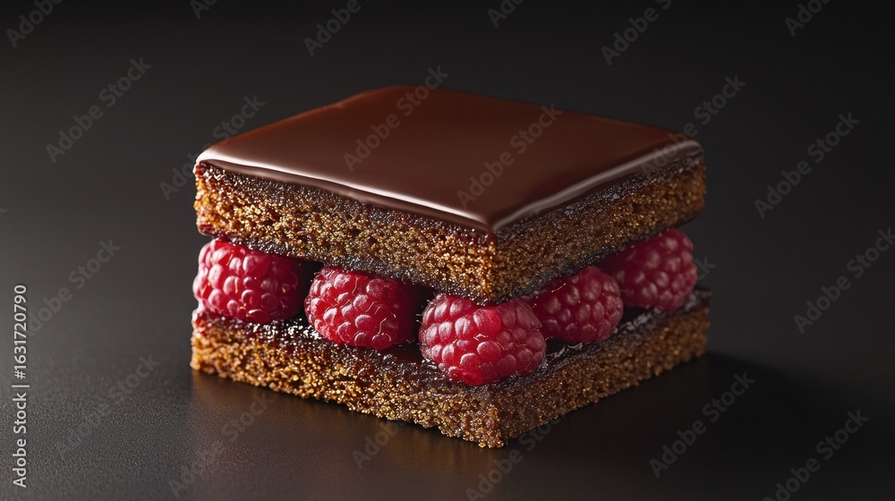 Obraz premium Square chocolate cake layered with fresh raspberries