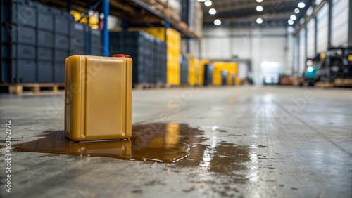 Oil crisis concept ,Leaking oil container in warehouse, creating hazardous situation on floor