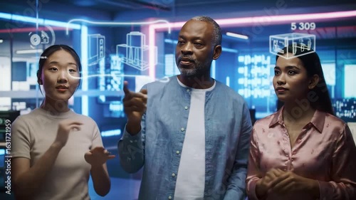 Diverse Business Team Interacting with Futuristic UI