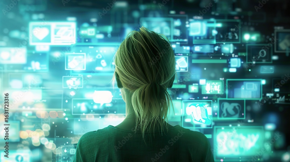 Back View of Woman Exploring 3D Cyberspace with Social Media and Online Gaming Interfaces Back View of Woman Exploring 3D Cyberspace with Social Media and Online Gaming Interfaces