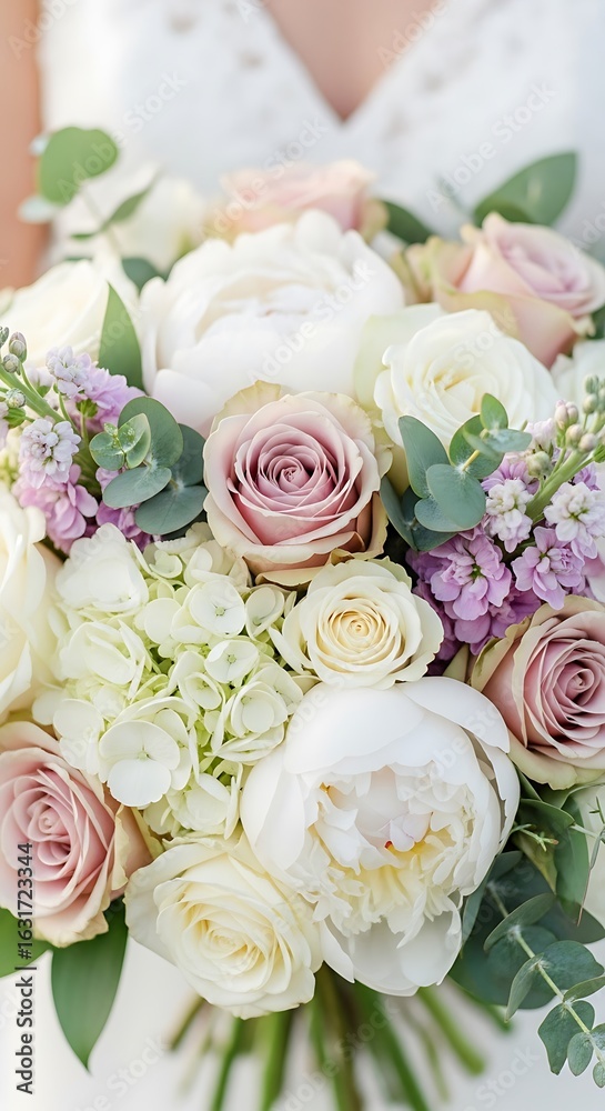 Obraz premium Delicate bouquet of pastel roses, peonies, and hydrangeas.