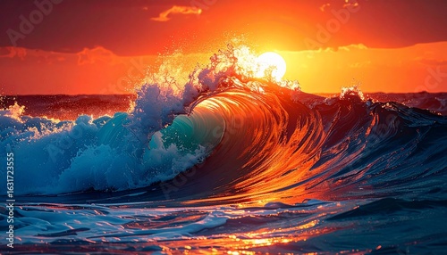 Fiery Sunset Ocean Wave