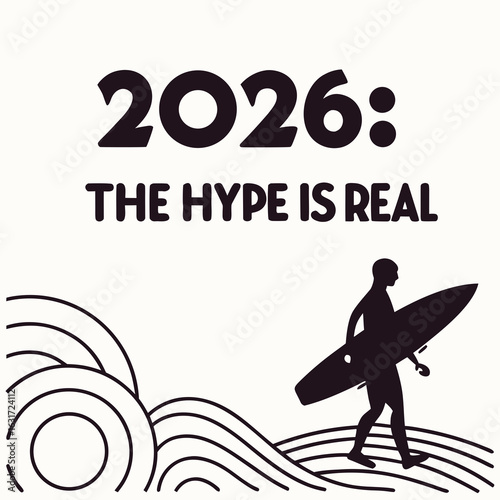 Silhouette of surfer with surfboard and 2026 text isolated on white background